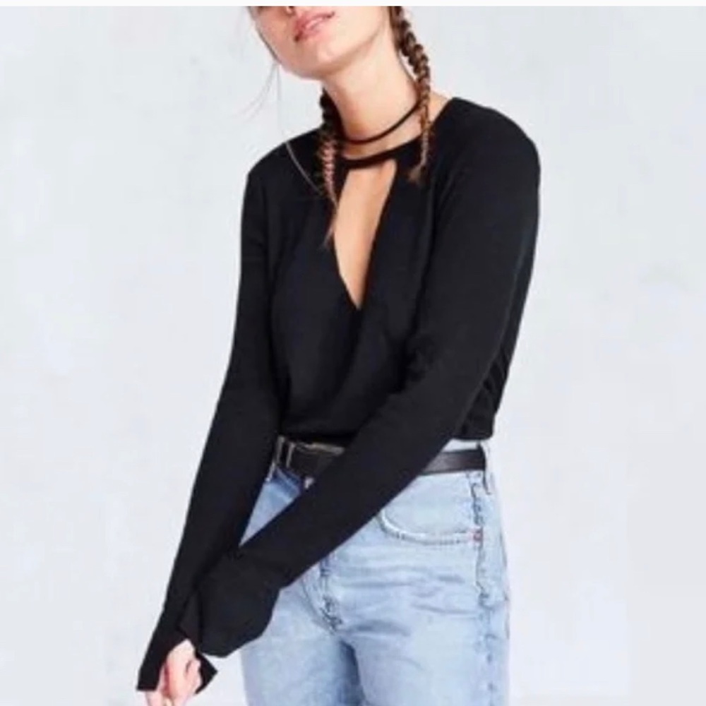 Project Social T by Urban Outfitters Cutout Deep-V Sweater, Size Medium, Black